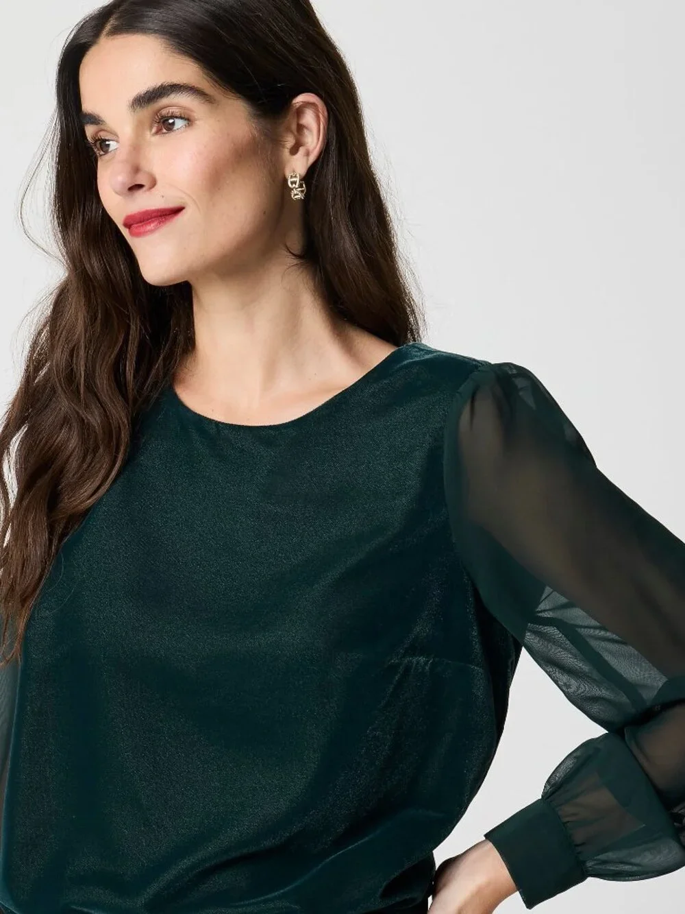 NWT J. Crew Size Small Dark Green Mixed Media Velvet Sheer Puff Sleeve Top NEW